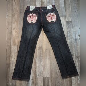 Raw Blue Jeans Size 34 – Winged Cross Embroidered Pockets, Red Stitch Y2K Vibe